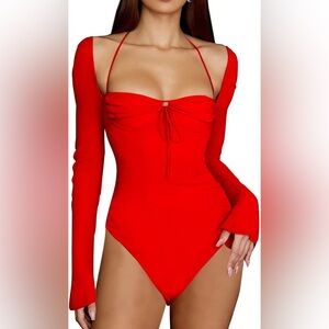 Red long sleeve balconette bodysuit